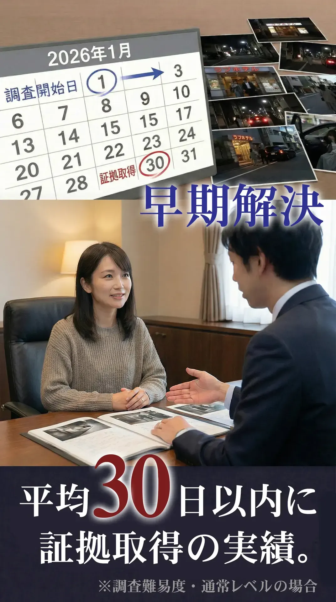 平均30日以内に浮気の証拠を取得した実績のイメージ
