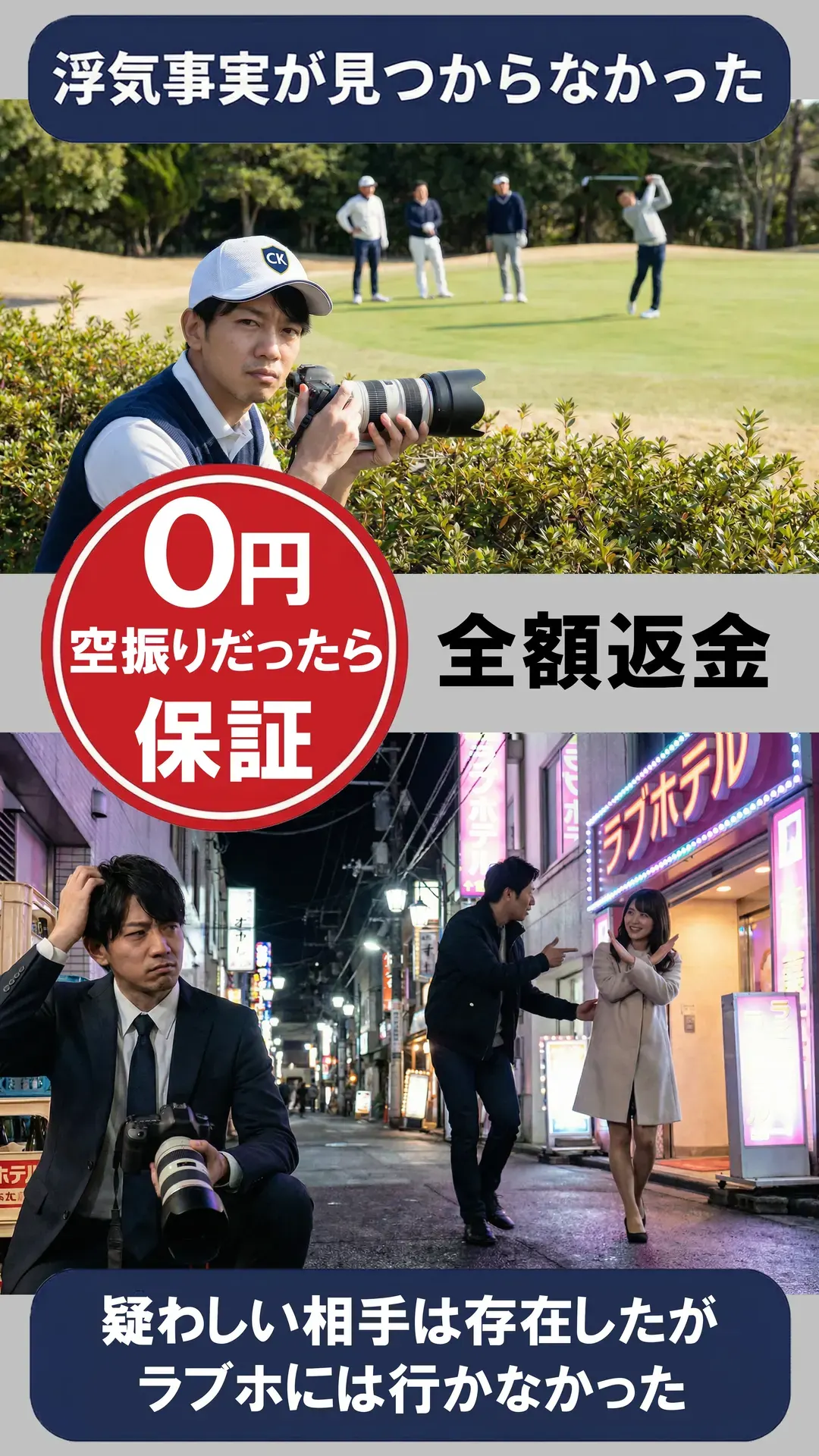法的な浮気の証拠が撮れなければ0円保証(空振り調査例と成功時のみ定額料金の比較イメージ)